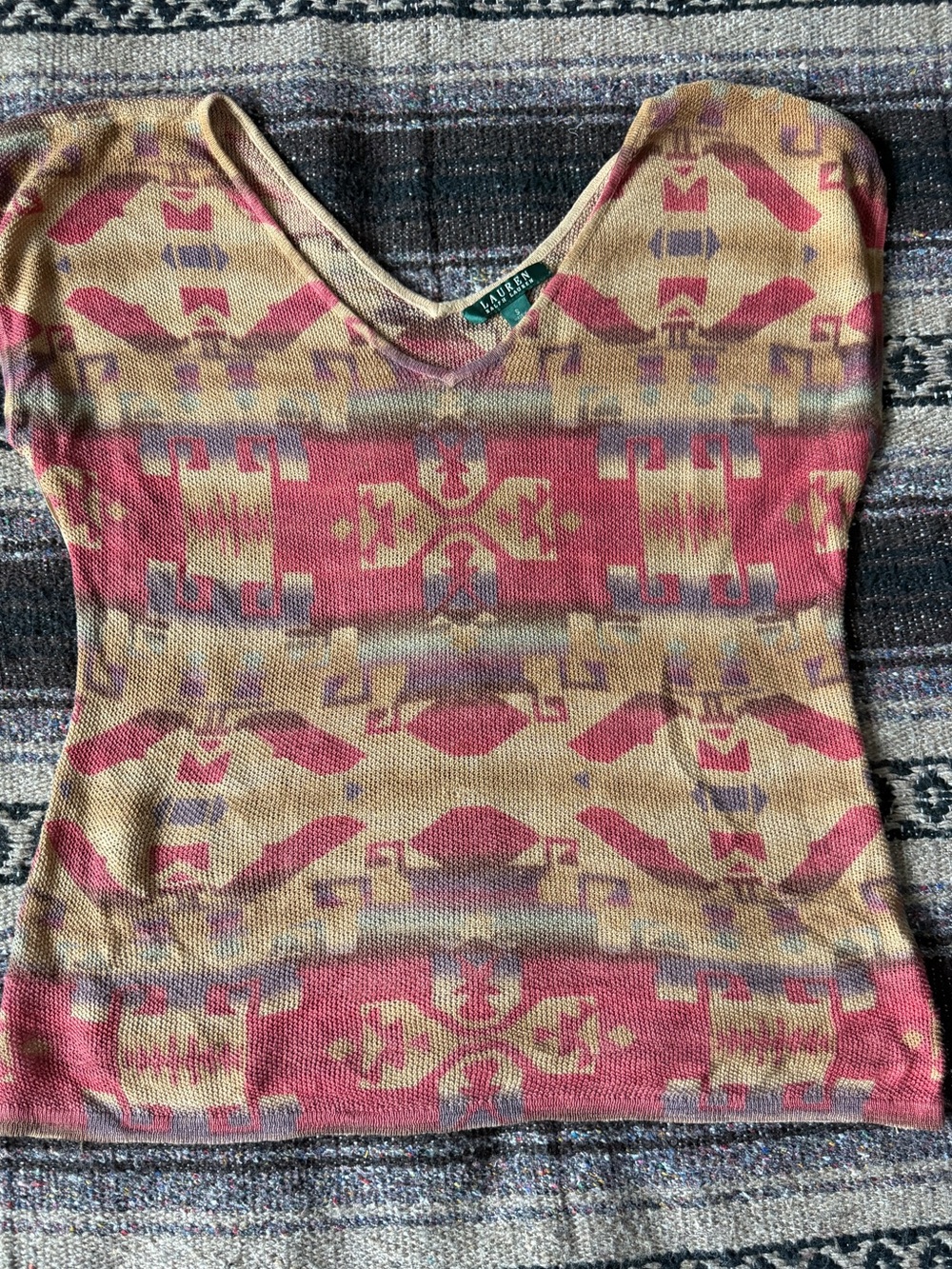 Lauren Ralph Lauren Southwestern Aztec Print Knit V-Neck Blouse Size S